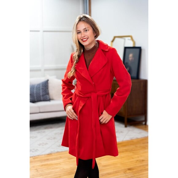 💫 Women Red Notch Lapel Trench Coats Dress Belted Fall Winter Collar Peacoat - Picture 4 of 6
